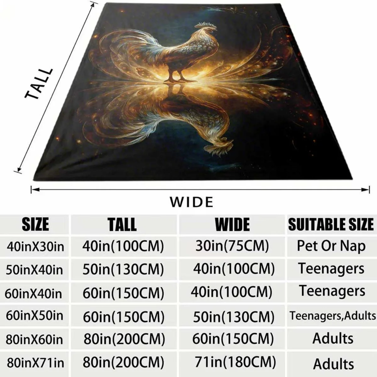Fantasy Glowing Golden Rooster Pattern Flannel Blanket Warm Plush Throw Blanket Magical Rooster Reflection Art Decor Blanket