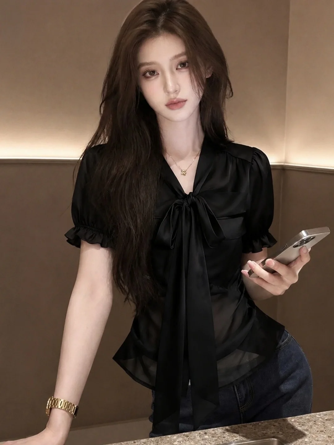 Summer Knot Belted Shirt Slimming Short Sleeve Commute High-End Lightweight Age-Defying Top Korean Style Silk Women...