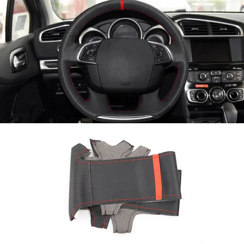 For Citroen C4 C4L 2011 2012 2012 2014 2015 DS4 Hand-stitched Perforated Leather Car Interior Steering Wheel Cover Decor Trim