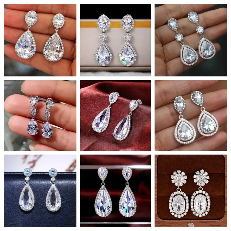 Luxurious Square Shiny Cubic Zirconia Crystal Pendant Earrings High-End Fashionable Silver Women's Wedding Jewelry