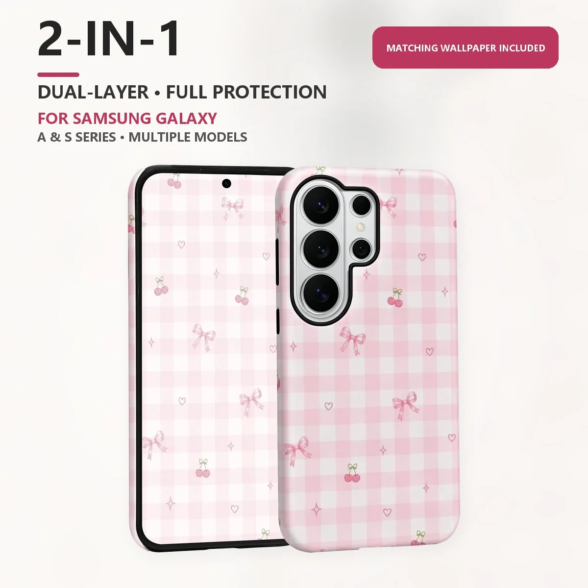 Pink Gingham Check Pattern 2-in-1 Dual-Layer Phone Case for Samsung Galaxy S26 S25 S24 Plus Ultra FE S20 FE A56 A17 A16 A15