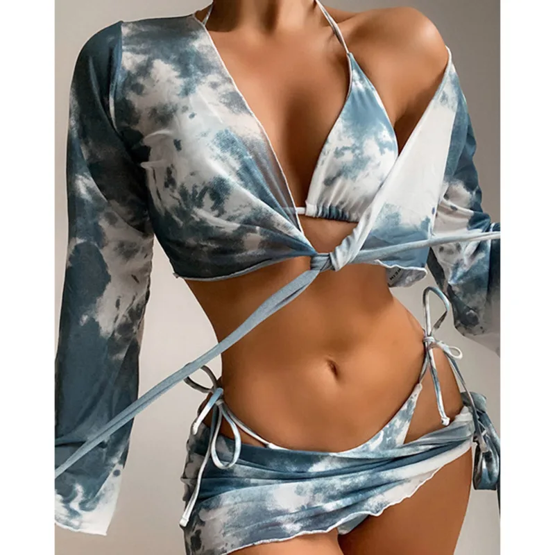 Tie Dye Vierdelige Bikini Sets Vrouwen Sexy Halter Badpak Lage Taille String Badmode Lange Mouw Cover Up Dames Badpakken