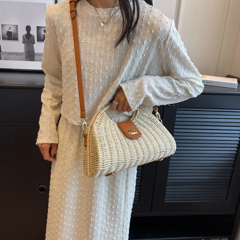 Women Woven Shell Beach Purse Summer Handmade Weave Top-Handle Bags Casual Straw Weaving Ladies Small Crossbody Bag Tote Handbag