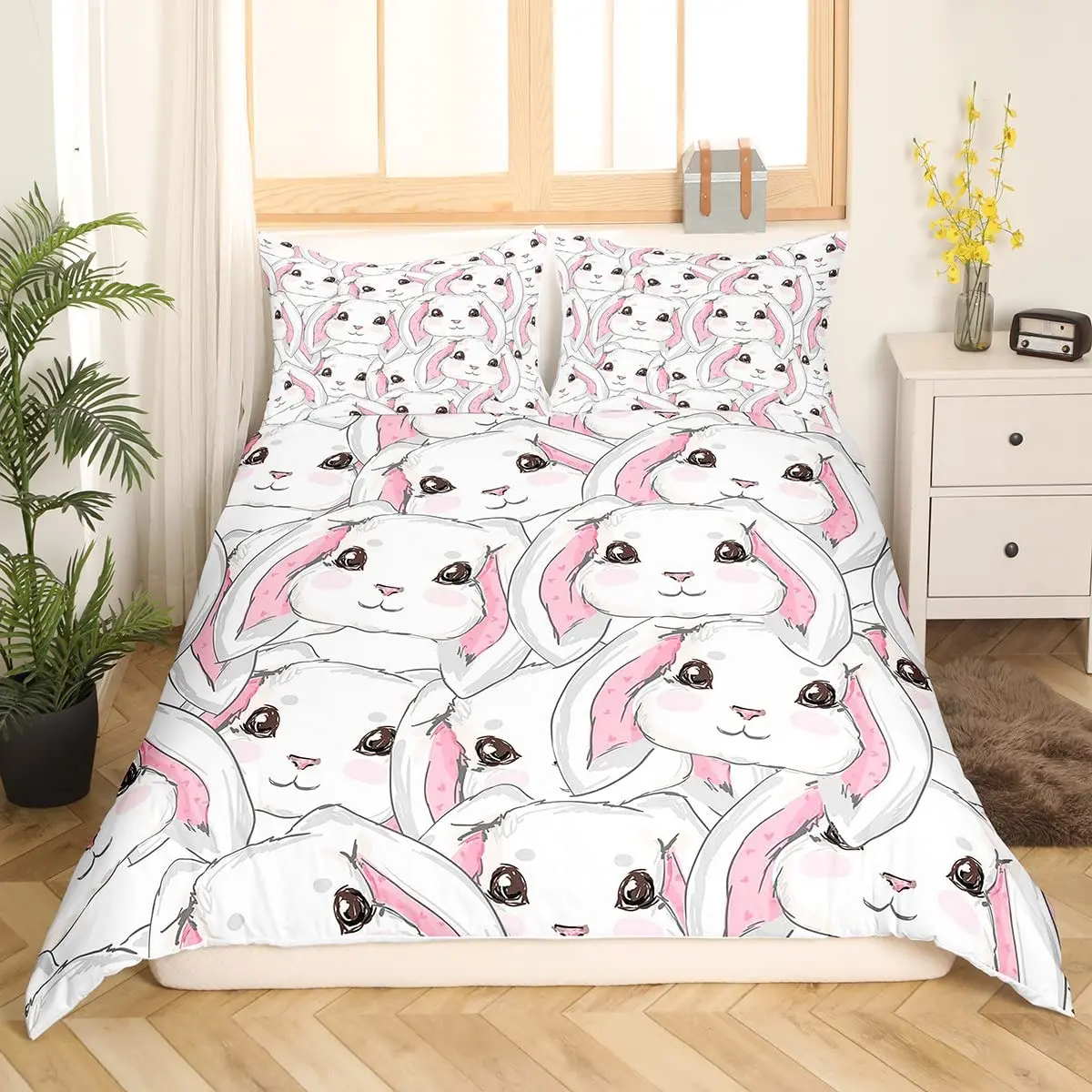 

Kids Rabbit Bedding Set Cute Bunny Head Duvet Cover for Boys Girls Hand Drawn Cartoon Animal Comforter Cover Pink Quilt Cover