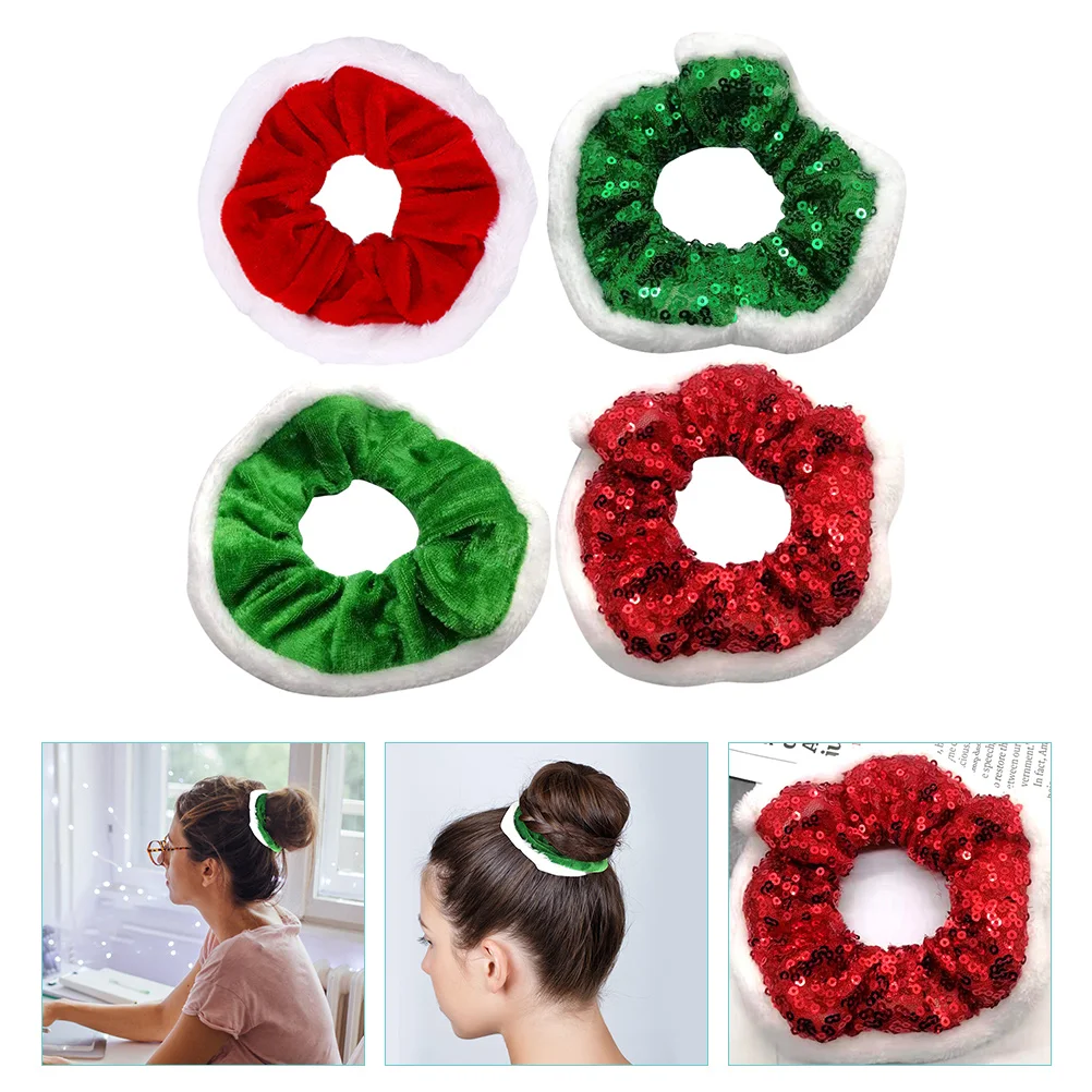 

4 Pcs Sports Christmas Hair Tie Women's Ribbons Bobbles Fabric Sparkly Bands Scrunchies