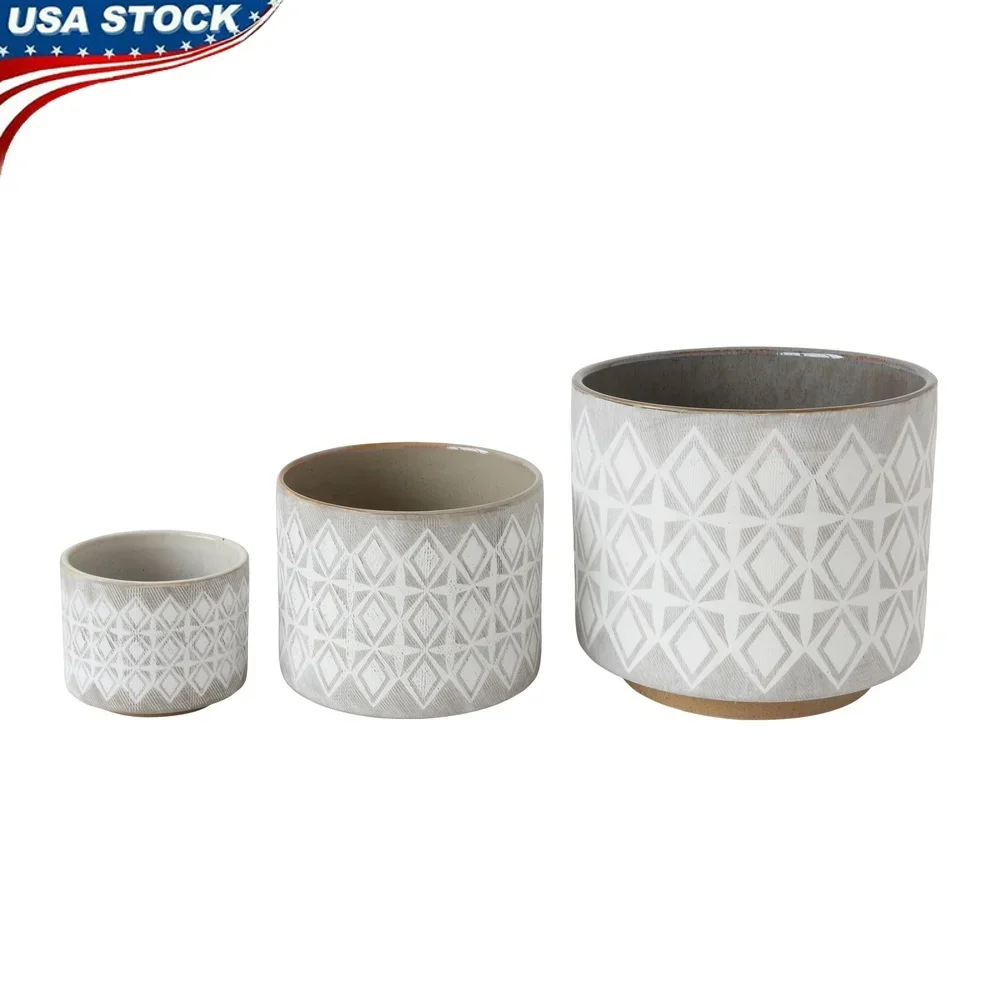 

Geometric Patterned Stoneware Planters Set of 3 Round Plant Pots Indoor Garden Home Decoration