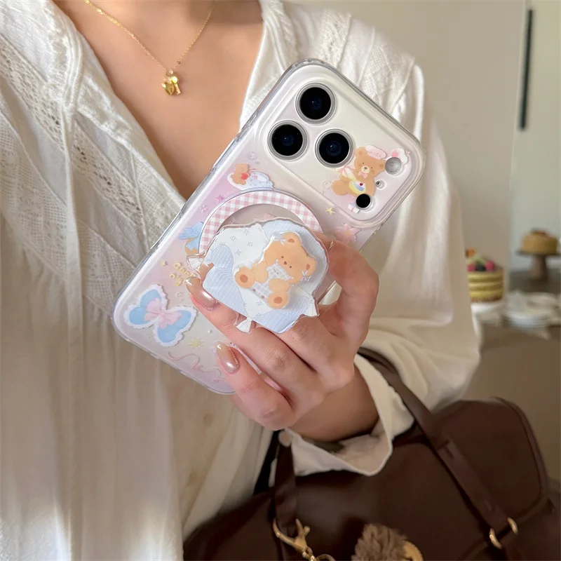 귀여운 만화 곰 나비 자석 휴대폰 케이스 아이폰 17 프로 16 14 15 프로 맥스 커버 홀더 포함 충격 방지 케이스 재미있는 디자인