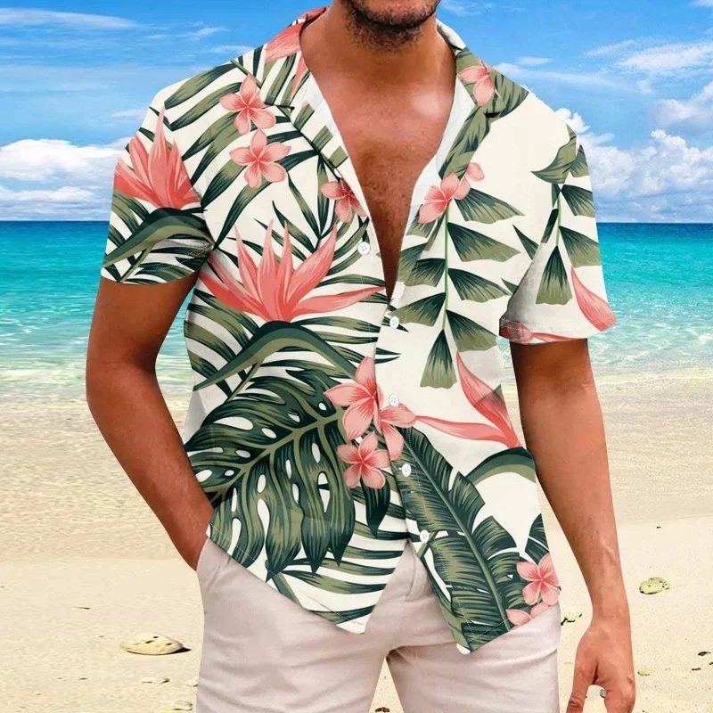 Camisa havaiana de manga curta masculina, flor, padrão de plantas, animal, flamingo, camisas de praia impressas 3D, oversize, camisas soltas Aloha