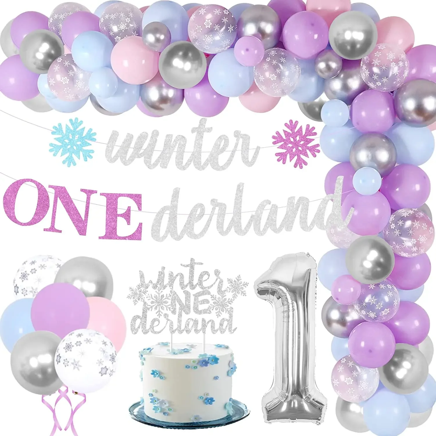 Balloon Garland for Baby 1st Birthday Party Supplies, Blue and Purple, Winter Onederland Banner, Winter