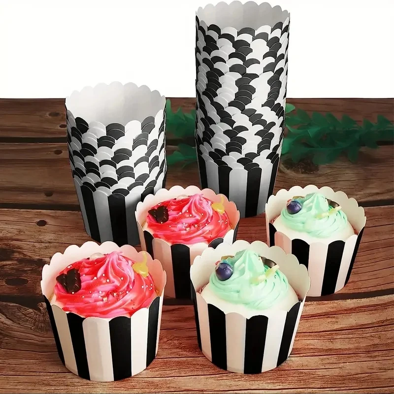 50pcs Black and White Stripesd Muffin Cup Paper Cup Cake Baking Oven Special Pink Red Air Fryer Steaming Baking