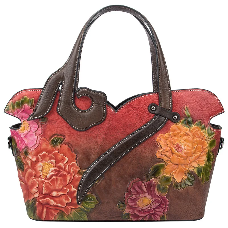 Small Retro Woman Genuine Leather Bag Vintage Floral Shoulder Bags For Women 2024 New Handmade Real Cow Leather Handbag Female