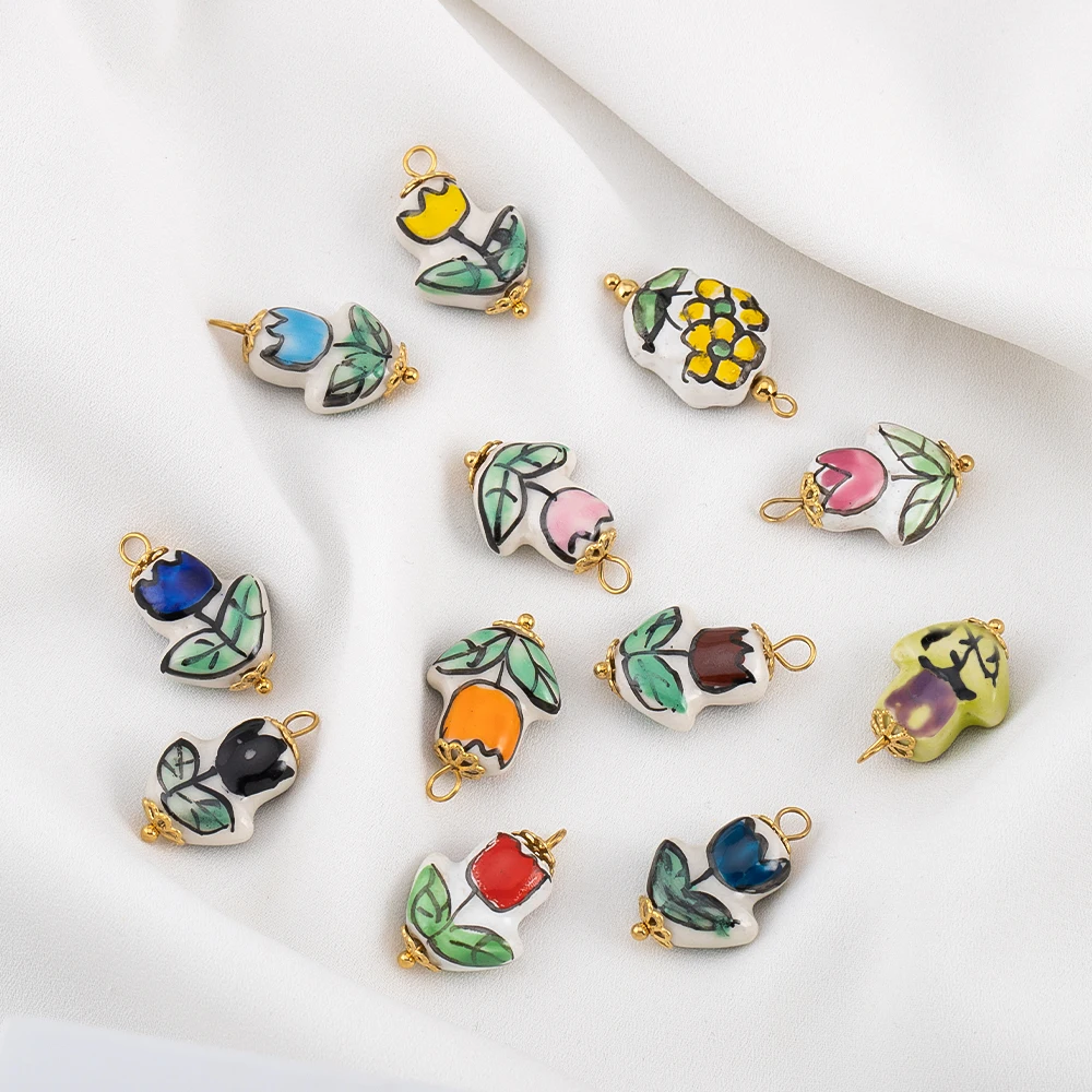 2 قطعة المعلقات زهرة السيراميك رسمت الفولاذ المقاوم للصدأ سحر ملون DIY بها بنفسك صنع المجوهرات أساور القرط اكسسوارات الحرف #1