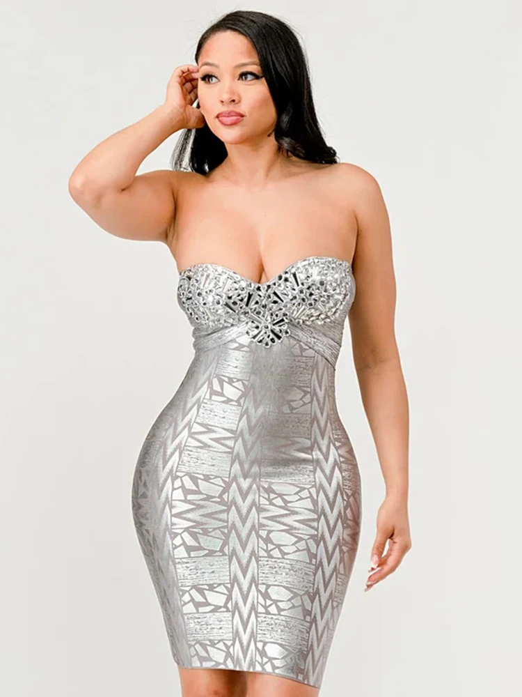 

Glamorous Silver Bandage Rhinestone - Embellished Strapless Mini Dress For Women Sleeveless Club Nights Party Gown