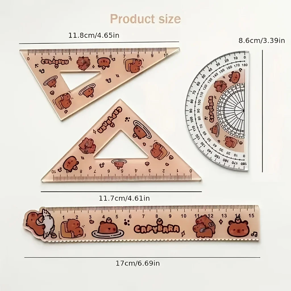 Capybara Ruler Set for Students, Includes a Thick Acrylic Wavy Ruler, 15Cm Triangle Ruler, And Semicircle Ruler.