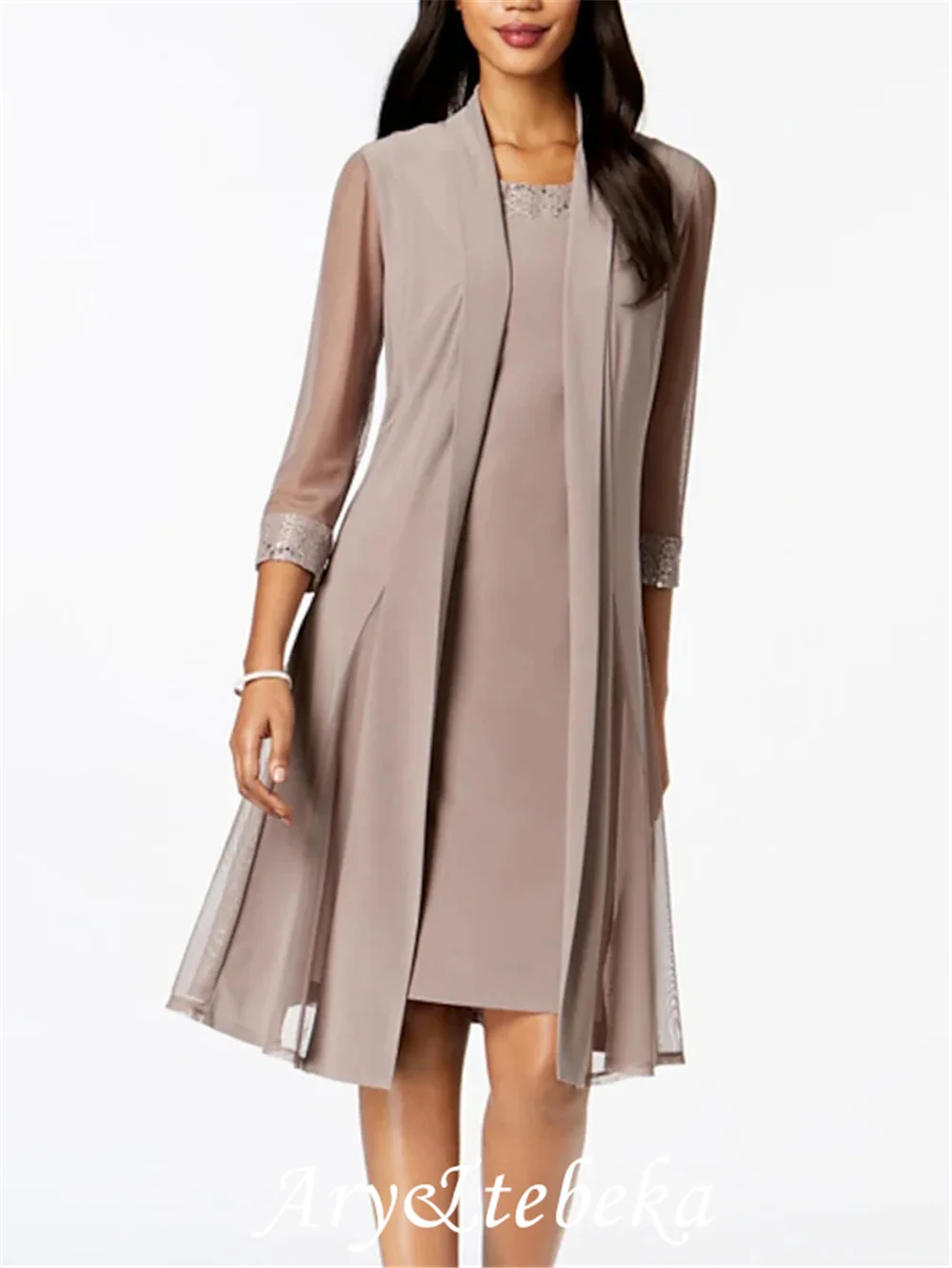 

Two Piece Mother of the Bride Dress Elegant Wrap Included Jewel Neck Knee Length Chiffon 3/4 Length Sleeve with Ruching