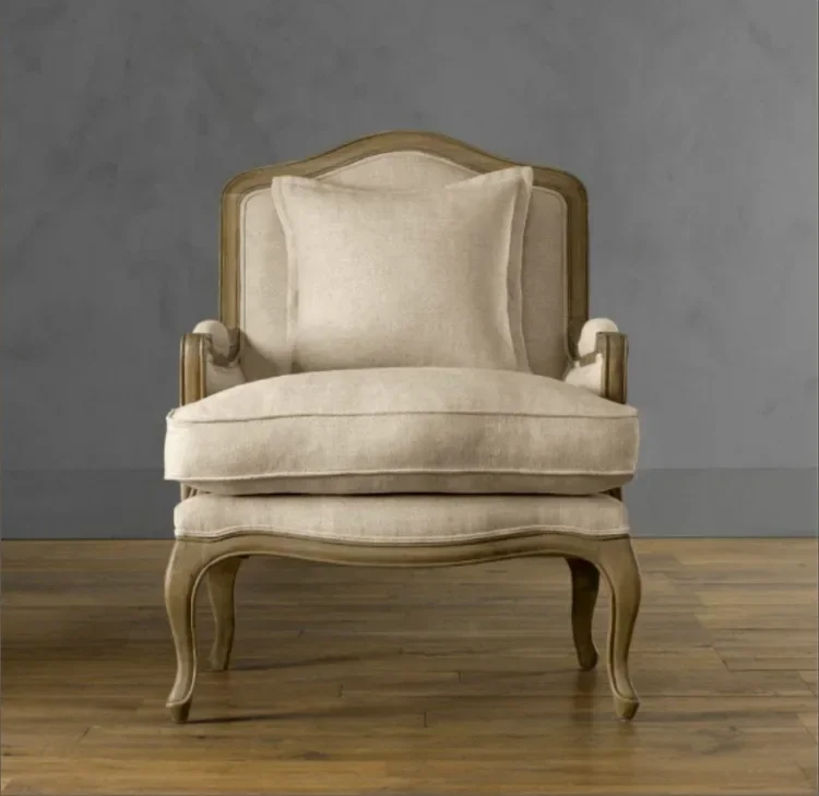 French country retro solid wood sofa American RH linen furniture leisure chair, American simple villa tiger chair