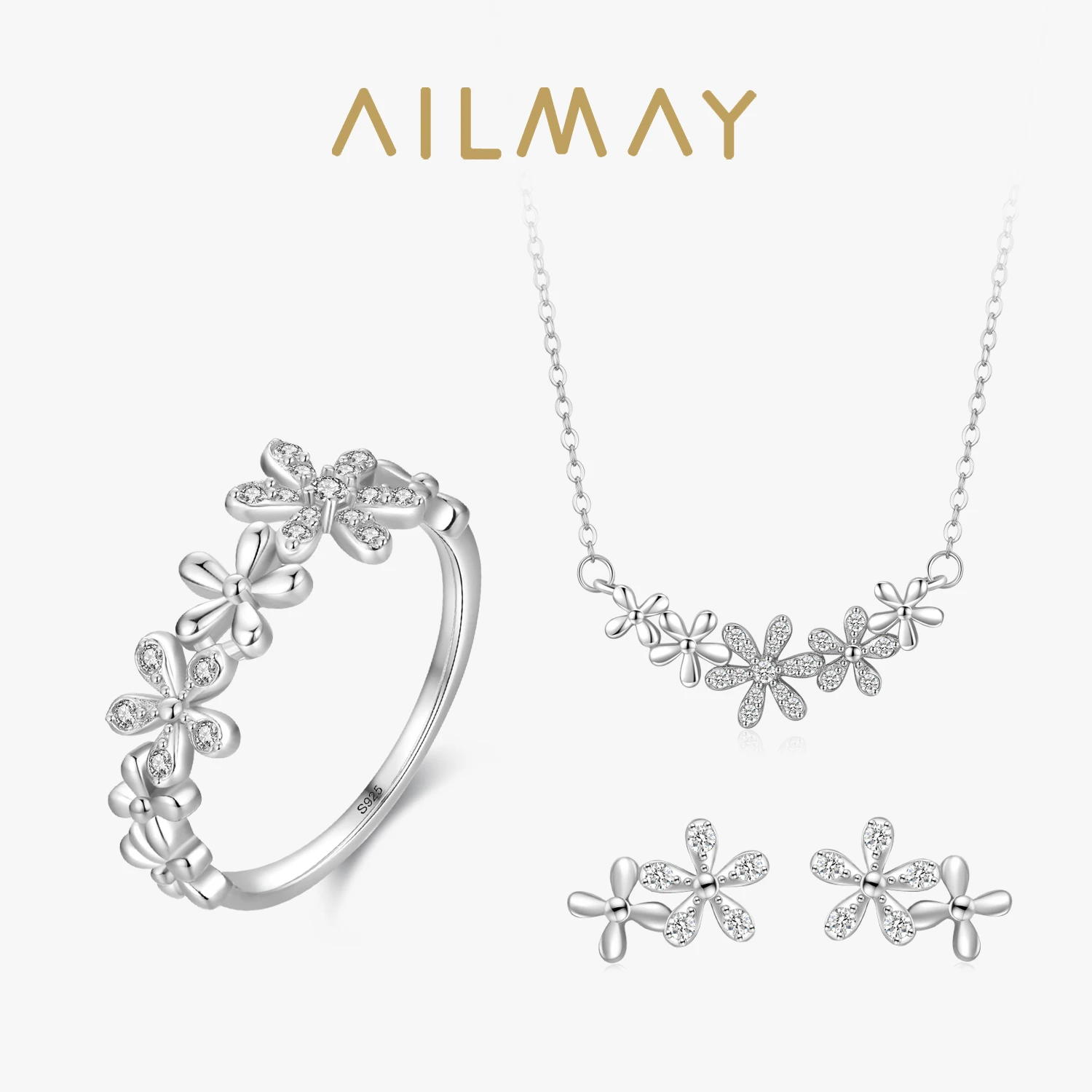 Ailmay Genuine 925 Sterling Silver Little Daisy exquisite Flowers Jewelry Sets Sparkling CZ For Women Statement Jewelry Gift