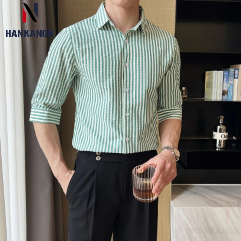 

Men's Striped Seven-point Sleeve Shirt for Summer, Men's Fitted Business Casual Short Sleeve Shirt, 2024 Wrinkle-free Shirt.