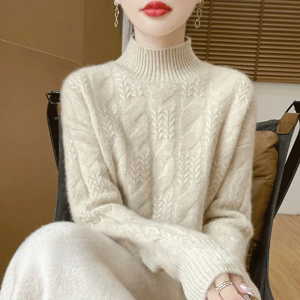 

Women's Thickened 100% Wool Half Turtleneck Pullover Knitwear Autumn Winter Lazy Style Cable Pattern Bottoming Outer Wear
