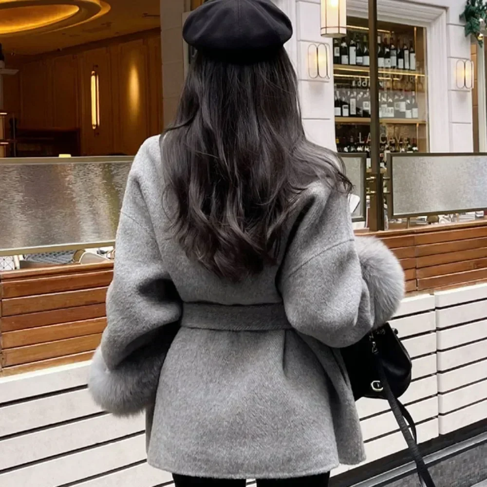 2024 High End Double-sided Wool Strapping Real Wool Fur Coat Women\'s Removable Cuffs Fox Fur Temperament Cashmere Short Jacket