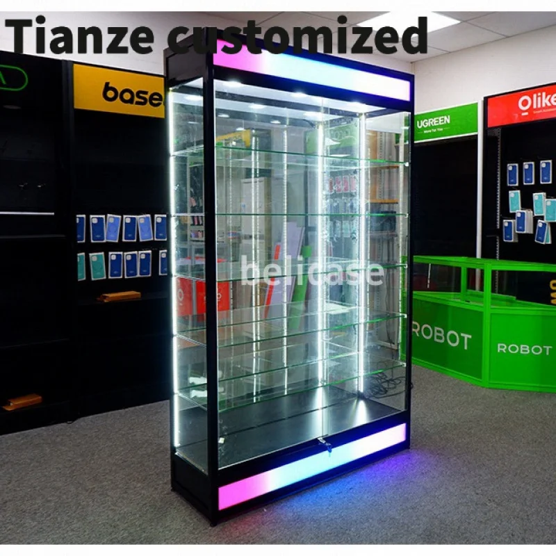 

Customized-Adjustable Glass Shelves Wall Cabinet Retail Shop Displays Toys Glass Cabinets Flash Light Showcase Smoke Shop