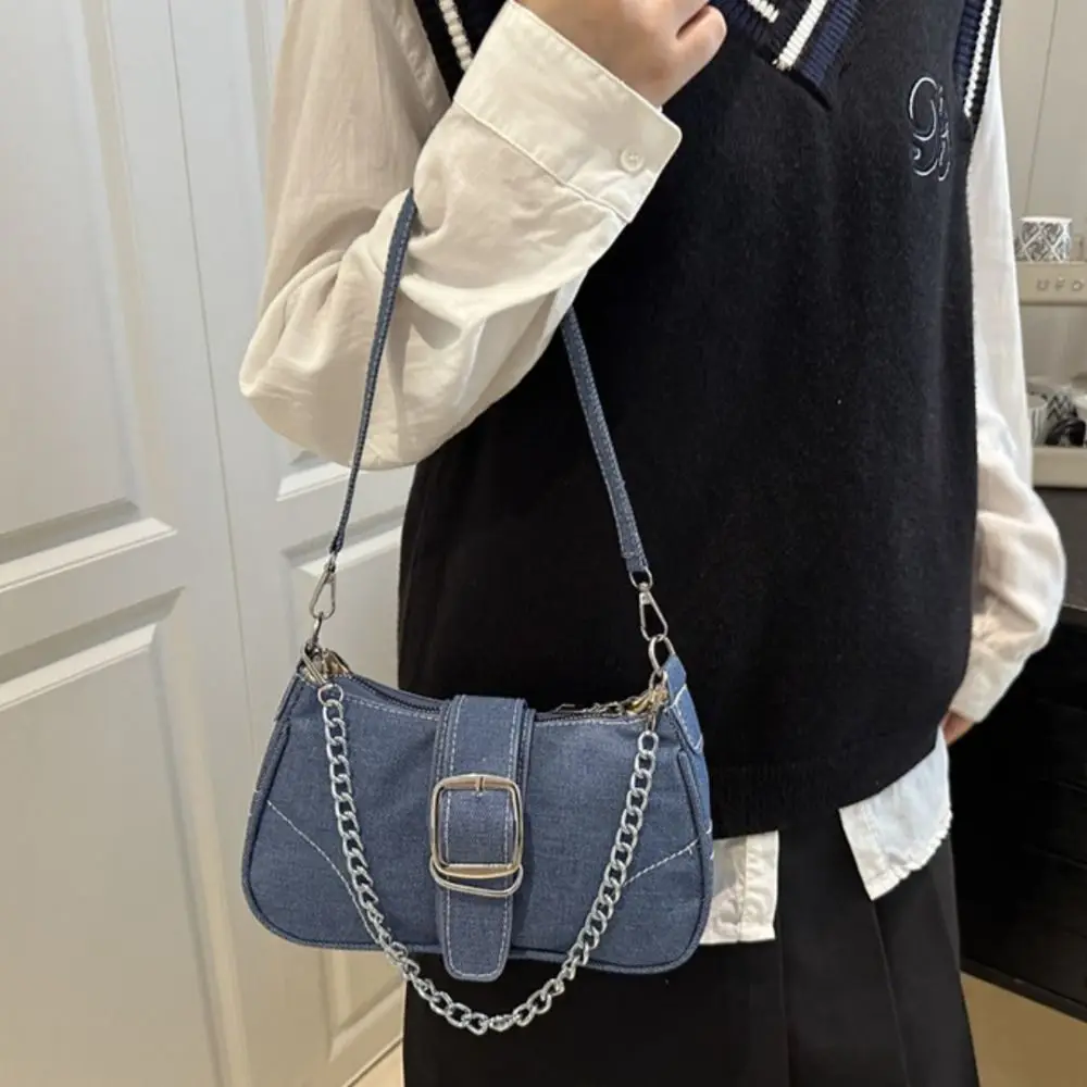 Simple Chain Strap Denim Shoulder Bags Thread Design Portable Size Chain Underarm Bags Square Shape Y2k Crossbody Bag For Women