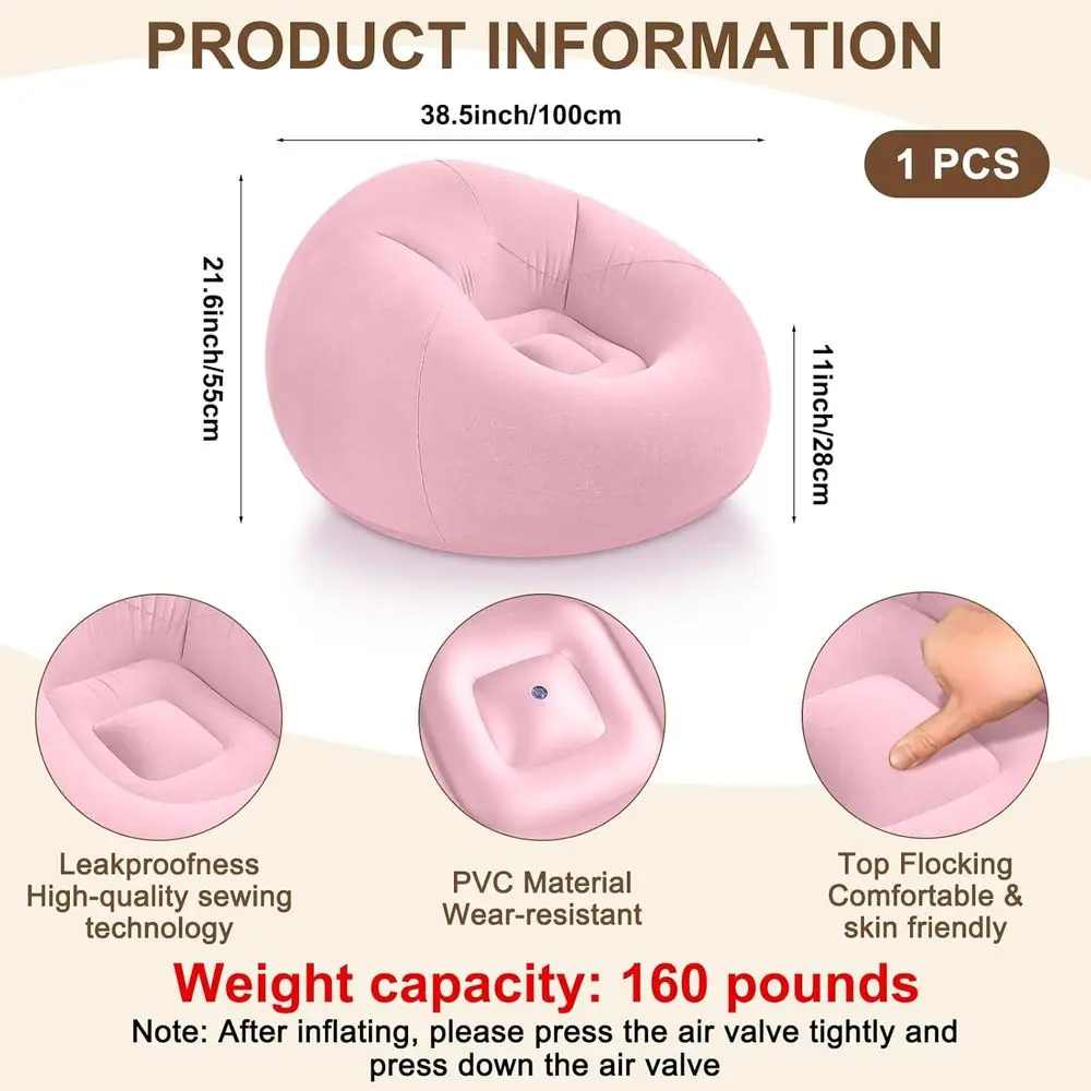 Inflatable Bean Bag Chairs, Pink | Portable Lazy Sofa for Adults Kids, Outdoor Movie Seating, Classroom Loungers Couch, Reading,