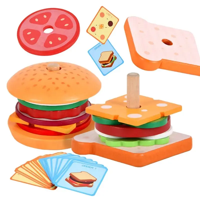 Montessori Wooden Hamburg Sandwich Stacking Toys With Order Cards Fine Motor Skills Preschool Educational Toys Preschool Gifts