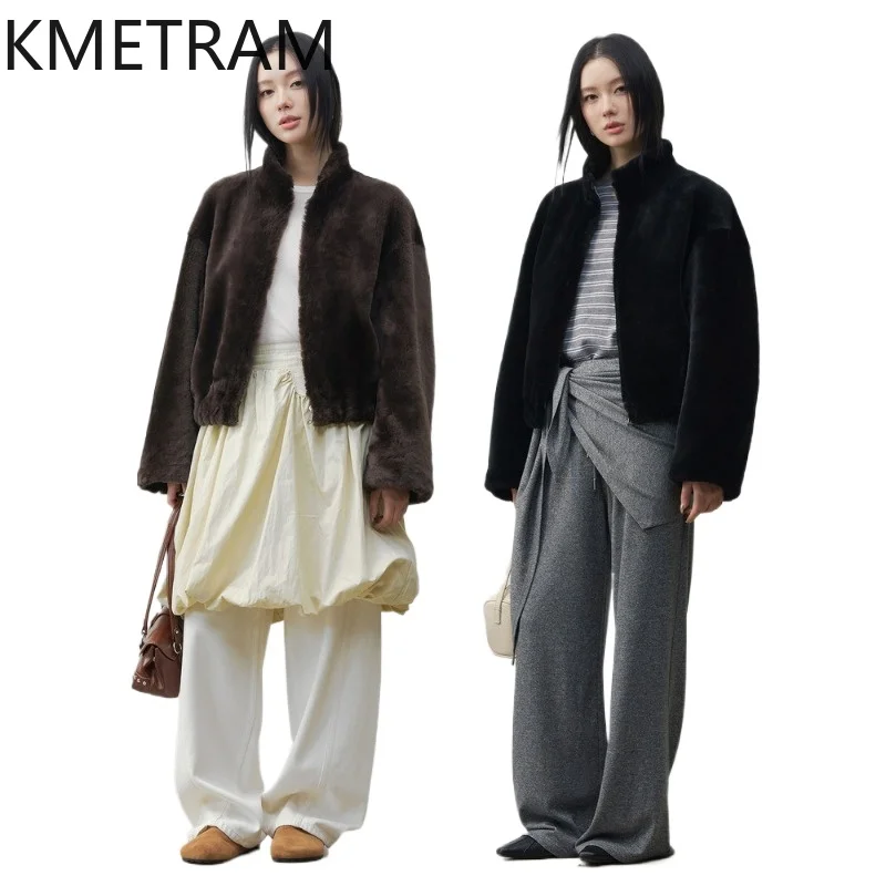 KMETRAM 100% Natural Merino Sheepskin Wool Fur Jacket Women Stand Collar Casual Real Fur Coat Woman Clothing Winter 2026 56cm 자켓