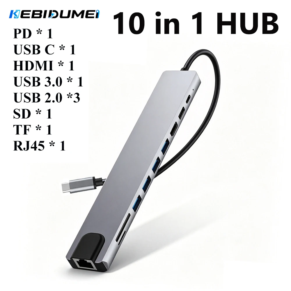 KEBIDUMEI 10 Port USB 3.0 HUB USB C To HDMI-Compatible Adapter RJ45 100Mbps 100W Reader Card Multi-Port USB Splitter For Laptop