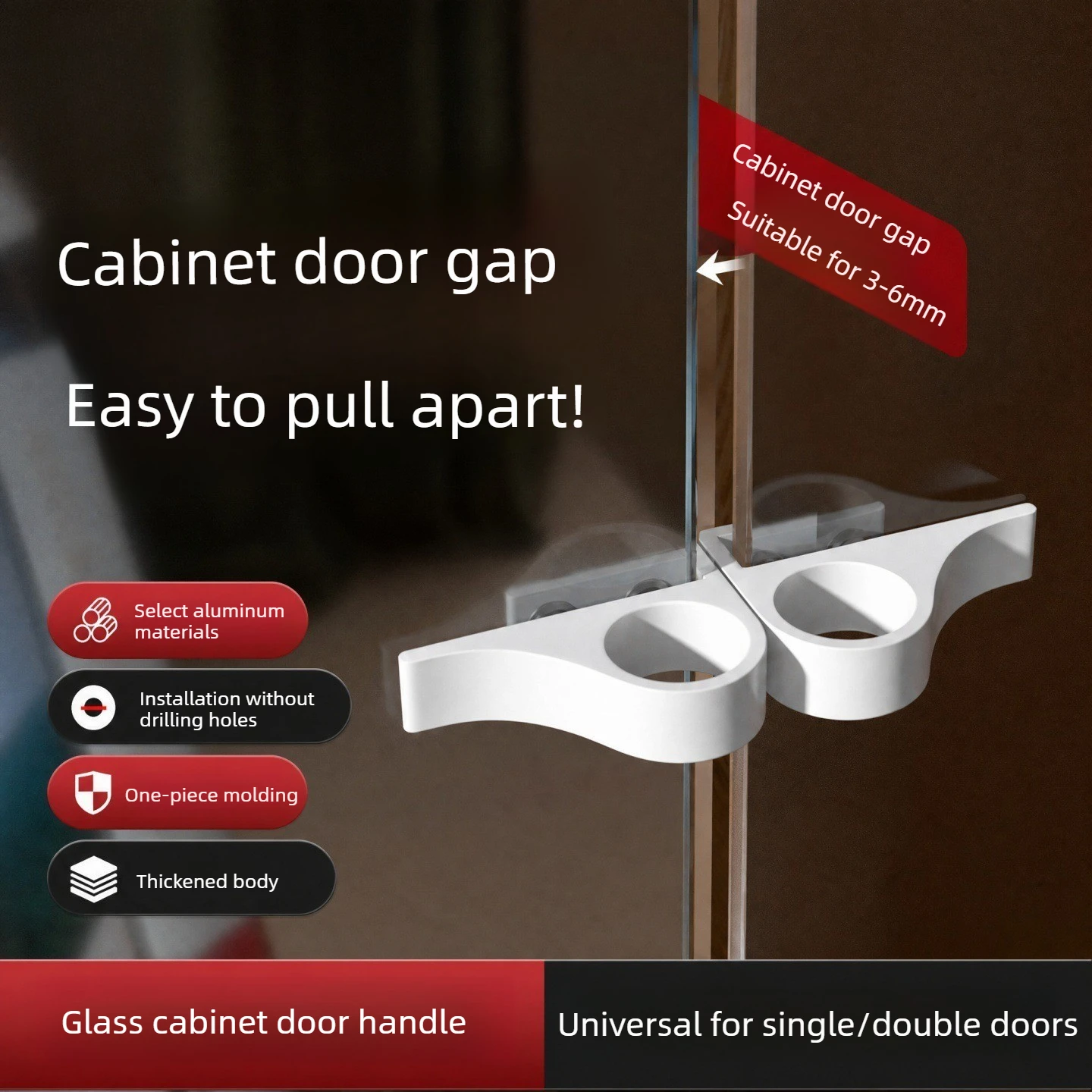 Aluminum Alloy Glass Cabinet Door Handles (No Drilling Required) Cabinet Handles Compatible with Single and Double Doors