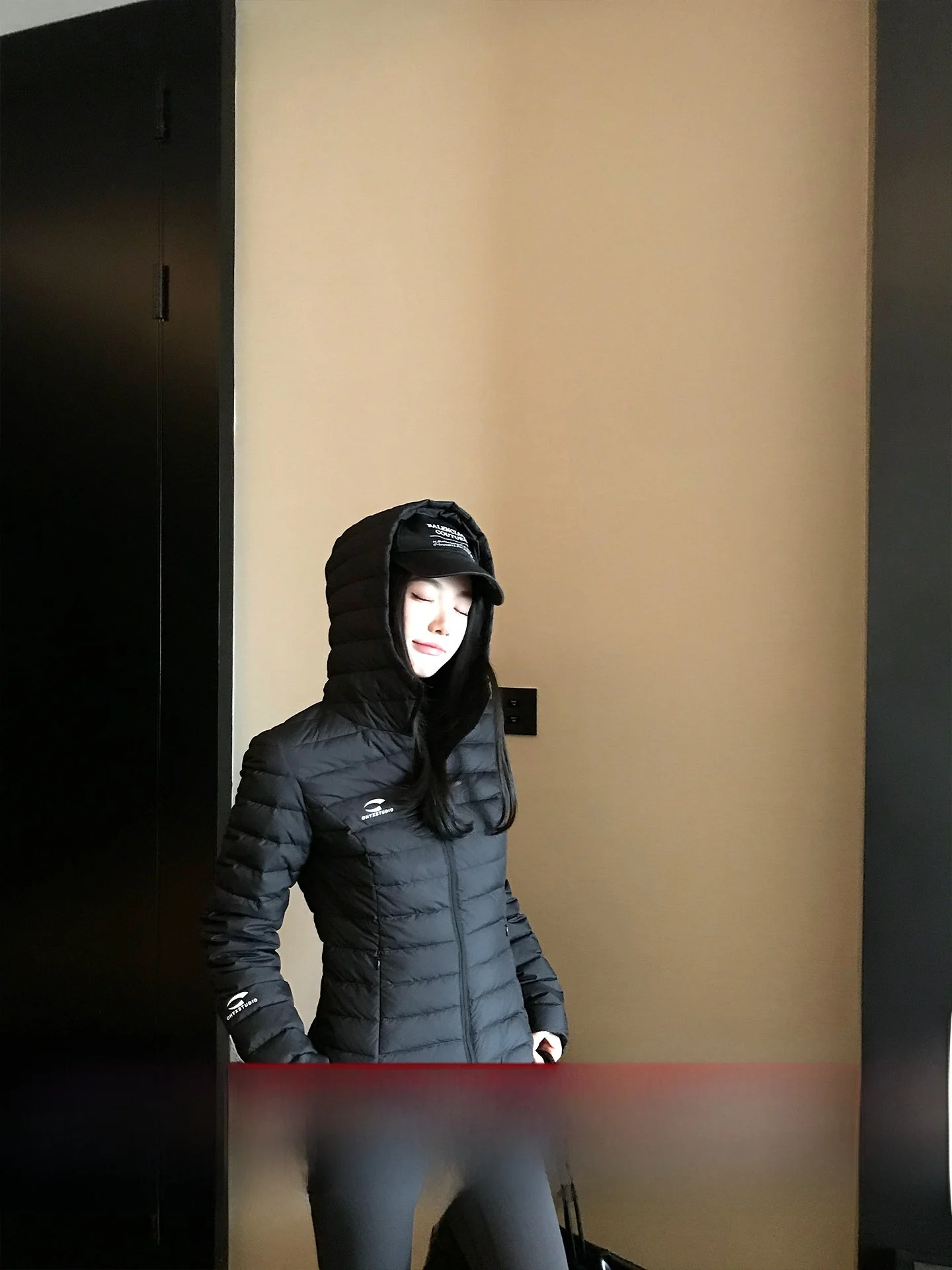 

Ouyang 90 White Du down Hooded Slim Fit Thiened Warm Waist-Cinching Winter Jaet Women's Faion Polyester Fiber Coat