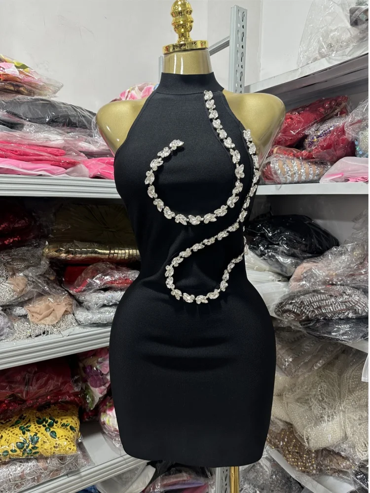 2025 New Summer Women Sexy Off the Shoulder Shinning Crystal Bodycon Mini Bandage Dress Nightclub Party Celebrate Birthday Wear
