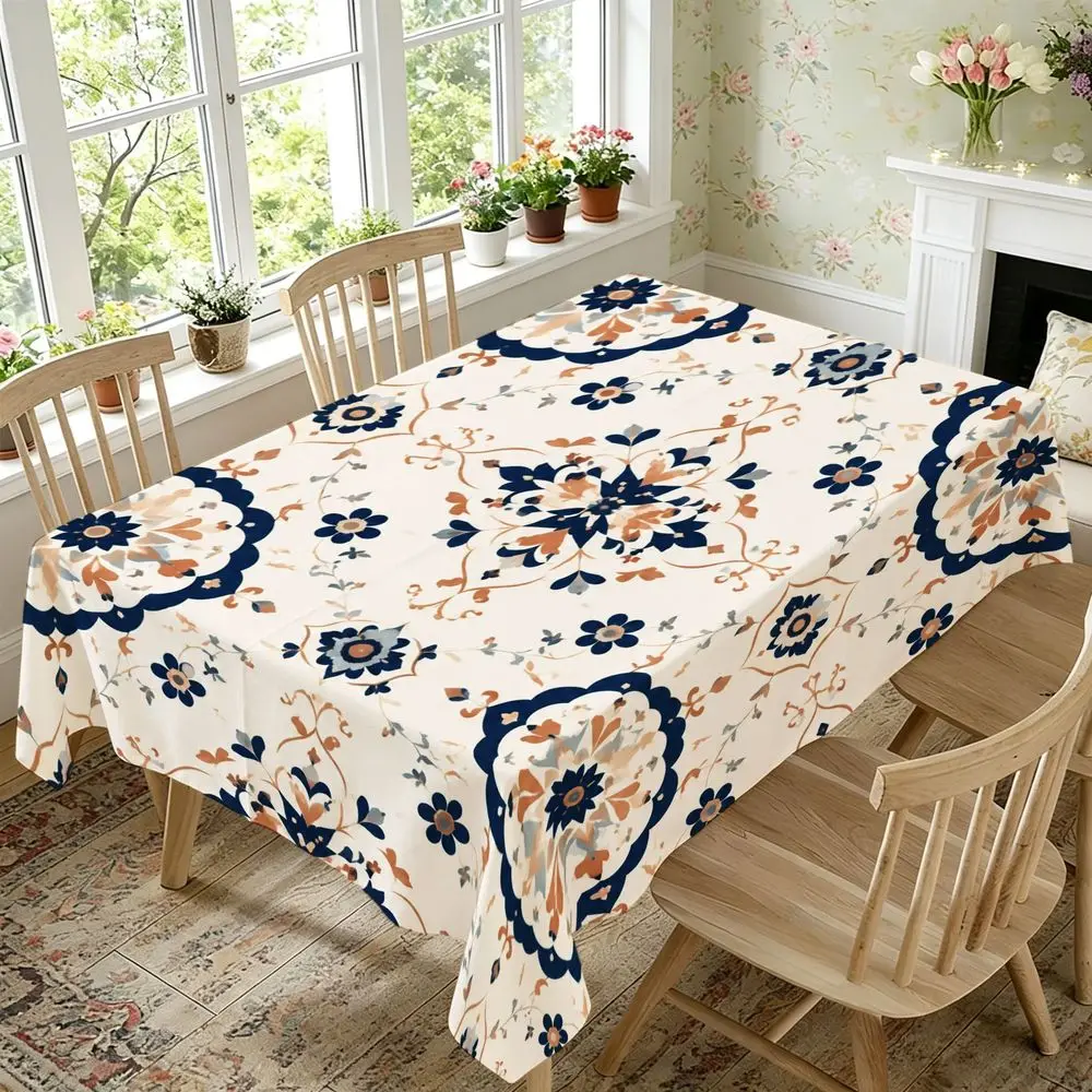 Elegant Floral Print Tablecloth, Navy Blue And Burnt Orange Botanical Pattern with Ornate Circular Motifs, Rectangular Farmhouse Table Cover for Dining Room, Kitchen, Wedding, Holiday Party, Soft Decorative Polyester Fabric, Durable And Easy Care