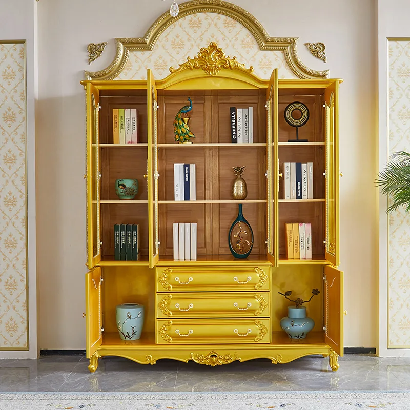 Bookcase solid wood carving flower European four-door bookcase study furniture solid wood bookcase