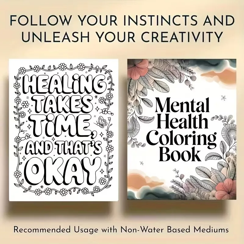 Mental Health Coloring Book for Adults, A4 Stress Relief Coloring Pages, 24 Pages Inspirational Relaxing Drawing Book