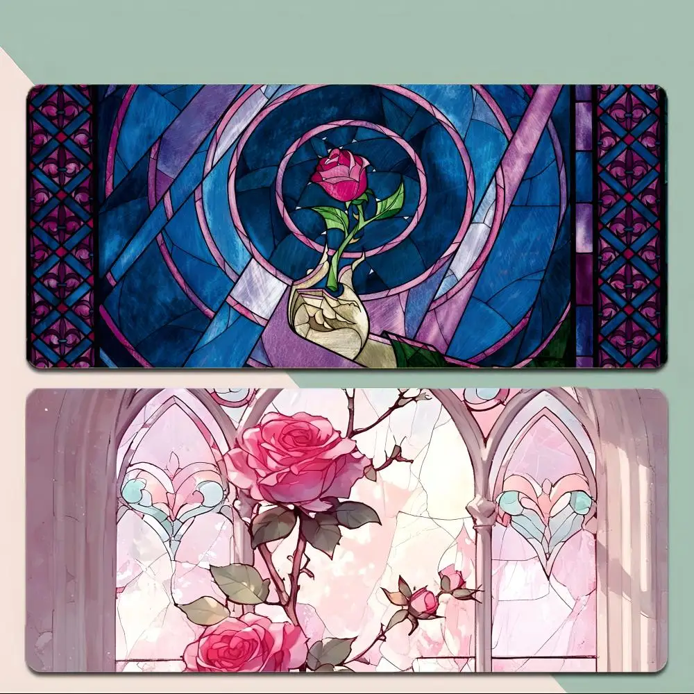 Gothic Stained Glass Roses Mouse Pad Thick Stitched Edge Gaming Mousepad Large Non-Slip Desk Mat