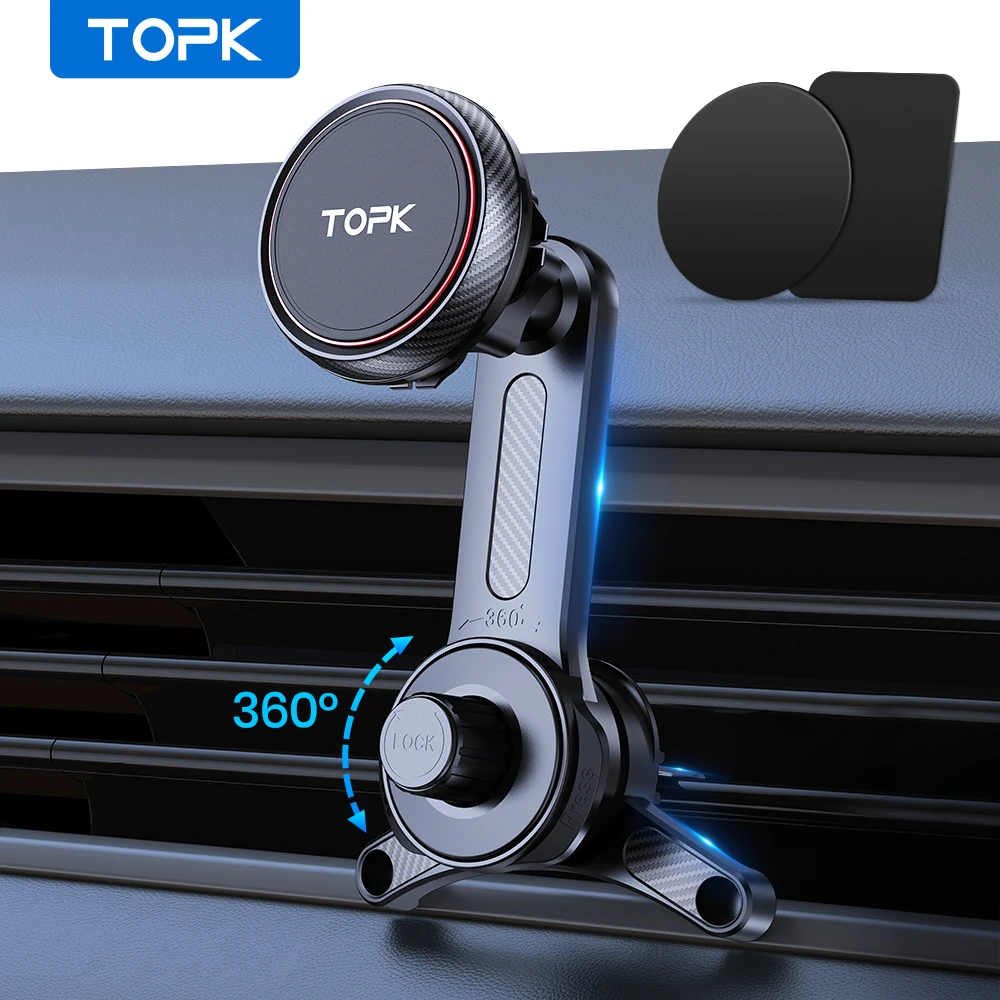 

TOPK Magnetic Car Phone Holder,Extended Arm 3-Point Support 360° Rotating Extendable Metal Hook Powerful Phone Mount for Cars
