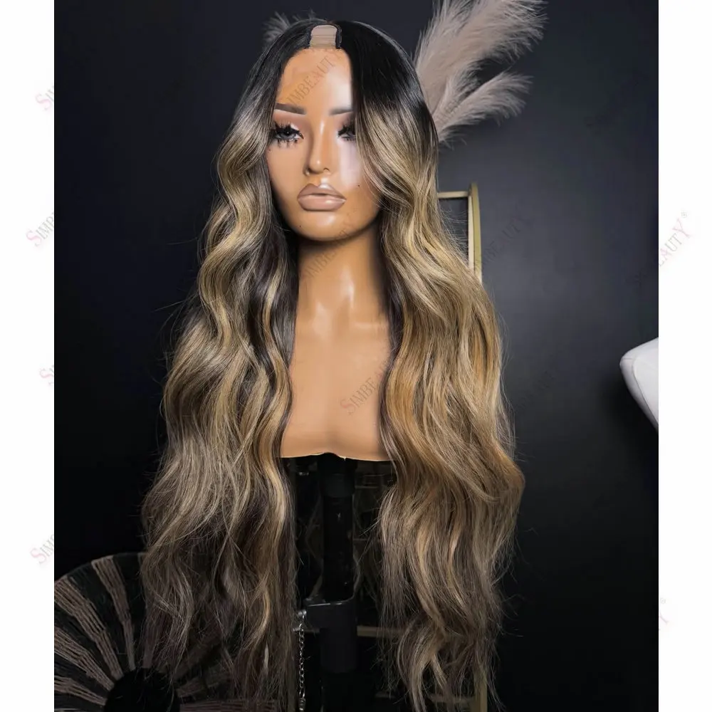 30 Zoll lange gewellte honigblonde Highlights Echthaar 1x4 U-Part-Perücken für Frauen, günstige V-Part-Perücken, maschinell gefertigt, klebefrei, einfach zu tragen – Detail 1