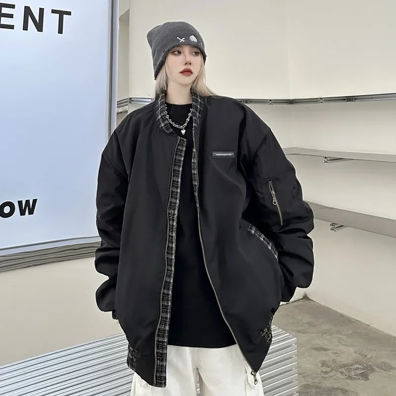 Baseball Uniform Puffer Jackets Unisex Black Zipper Parkas Women Winter 2025 New Loose Long Sleeve Warm Padded Coats
