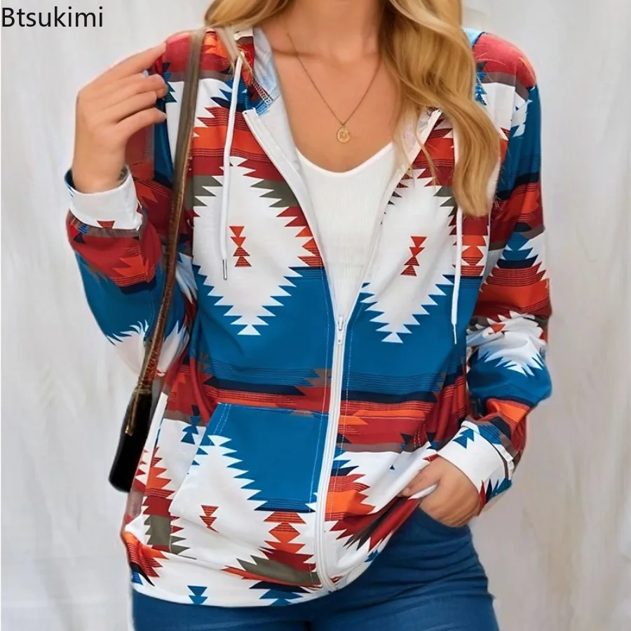 2024 Women's Casual Printed Hoodies Sweatshirts Fashion Full Long Sleeve Pullover Tops Ladies Zip Up Tops Outwear With Pocket