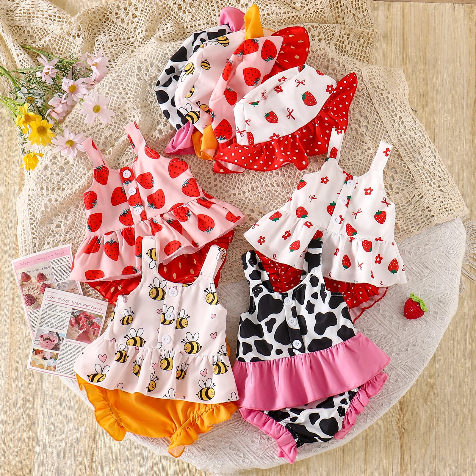 Summer new style girl sweet and cute 0-3 years old suspender top + shorts + hat