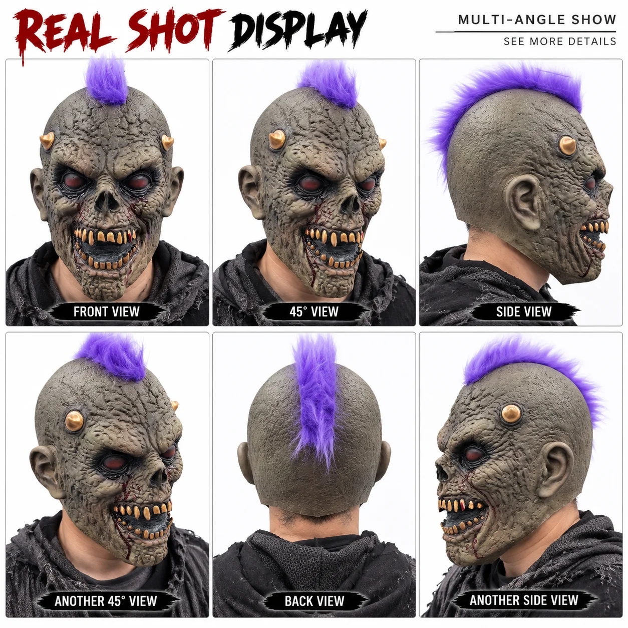 Punk Zombie Latex Mask Purple Mohawk Horror Costume Prop for Halloween Party Cosplay Adult