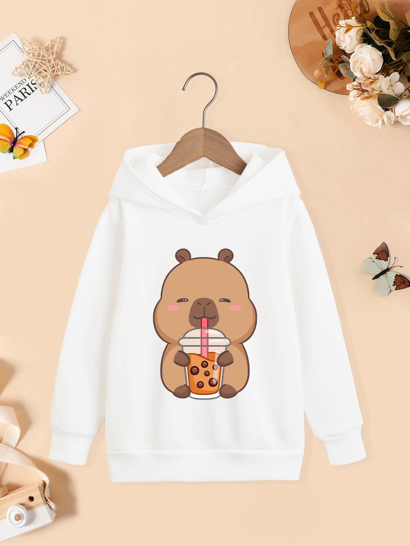 Capybara Drinking Boba Tea Hoodie Cartoon Cute Pullover Sweatshirt Autumn/Winter Fashion Clothing Children's New Year Clothing