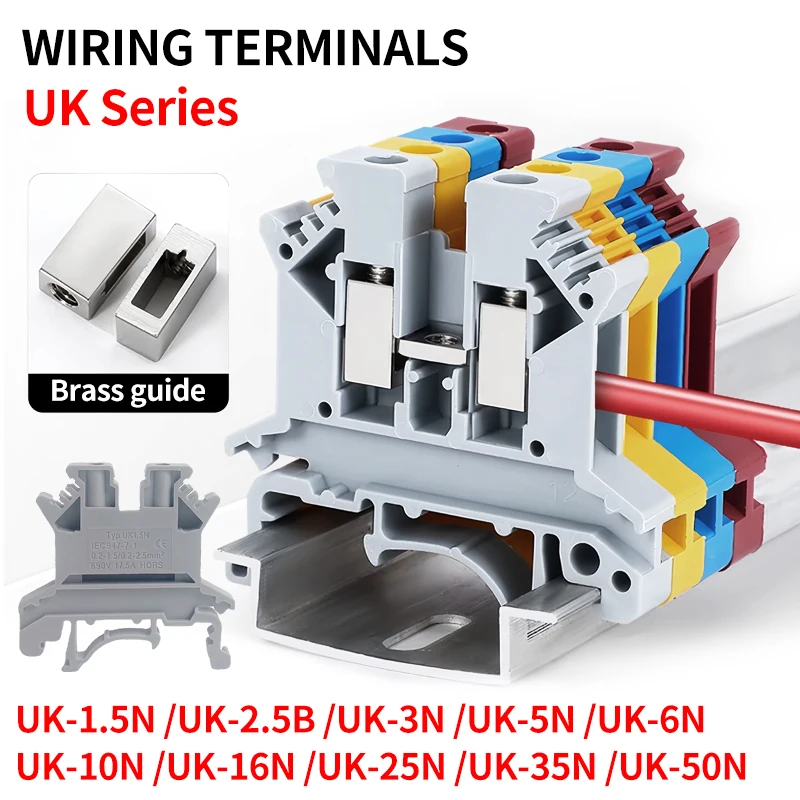 UK1.5N/2.5B/3N/5N/6N/10N/16N/25N/35N/50N Terminal Block Screw Clamp Connector DIN Rail Universal Brass Wiring Voltage Terminal