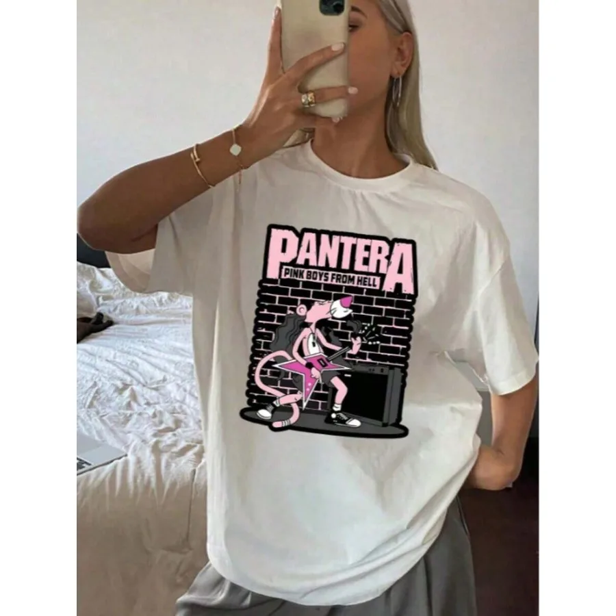 Pink Panthers Anime Guitar Summer Cute Artistic Style Short Sleeve Loose Clothing Women's Shirts Music Fashion Women's Tops