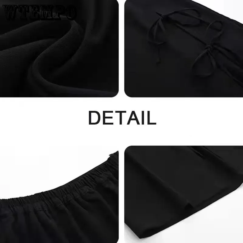 WTEMPO New Women Fashion Black Side Split Skirts Girls Summer Streetwear High Waist Mid-Calf Preppy Style Lace-up Pleated Skirts