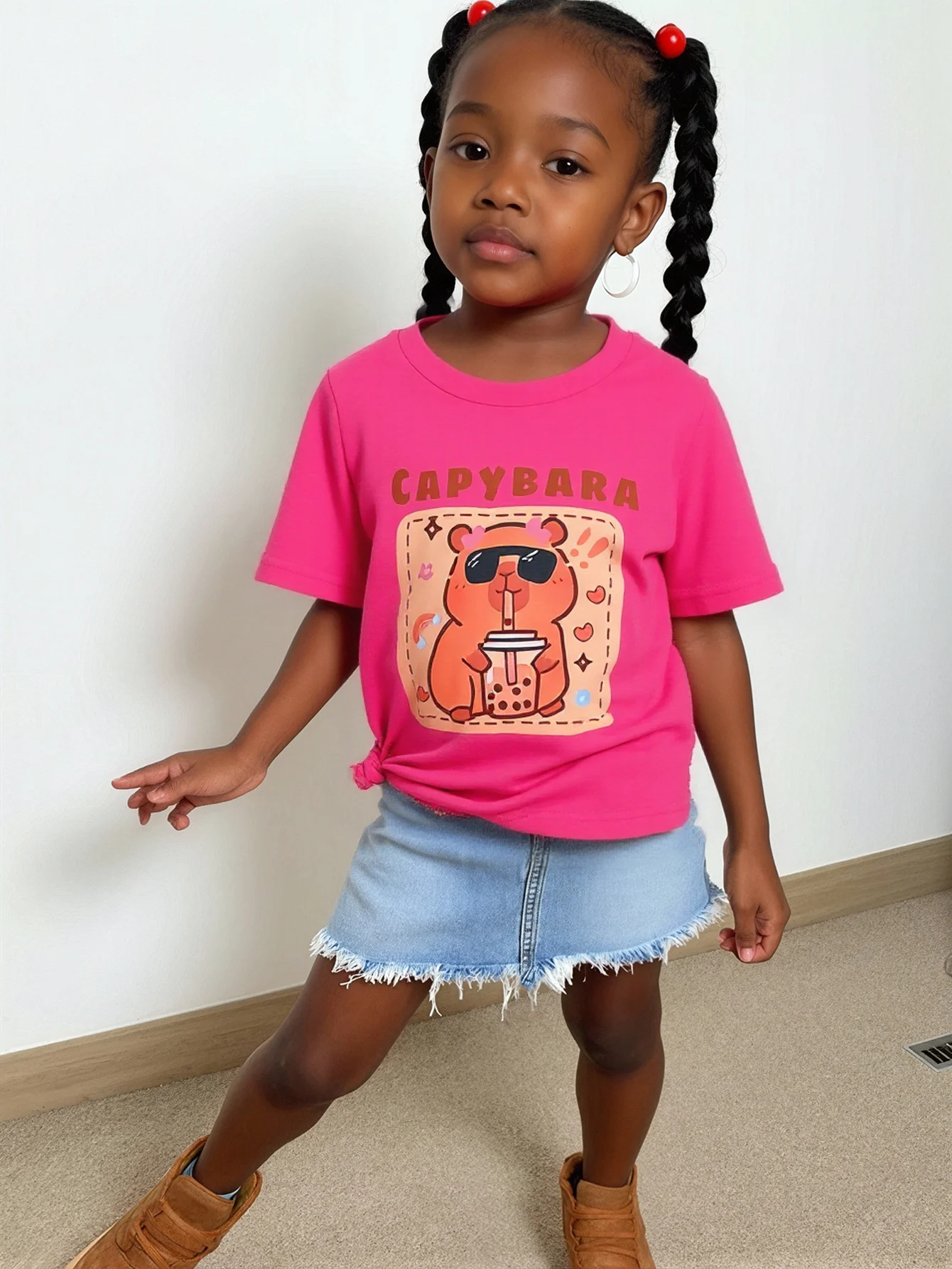 

3-piece set of girls' fashion casual printed knitted fabric with a slight stretch round neck short sleeve top for summer.