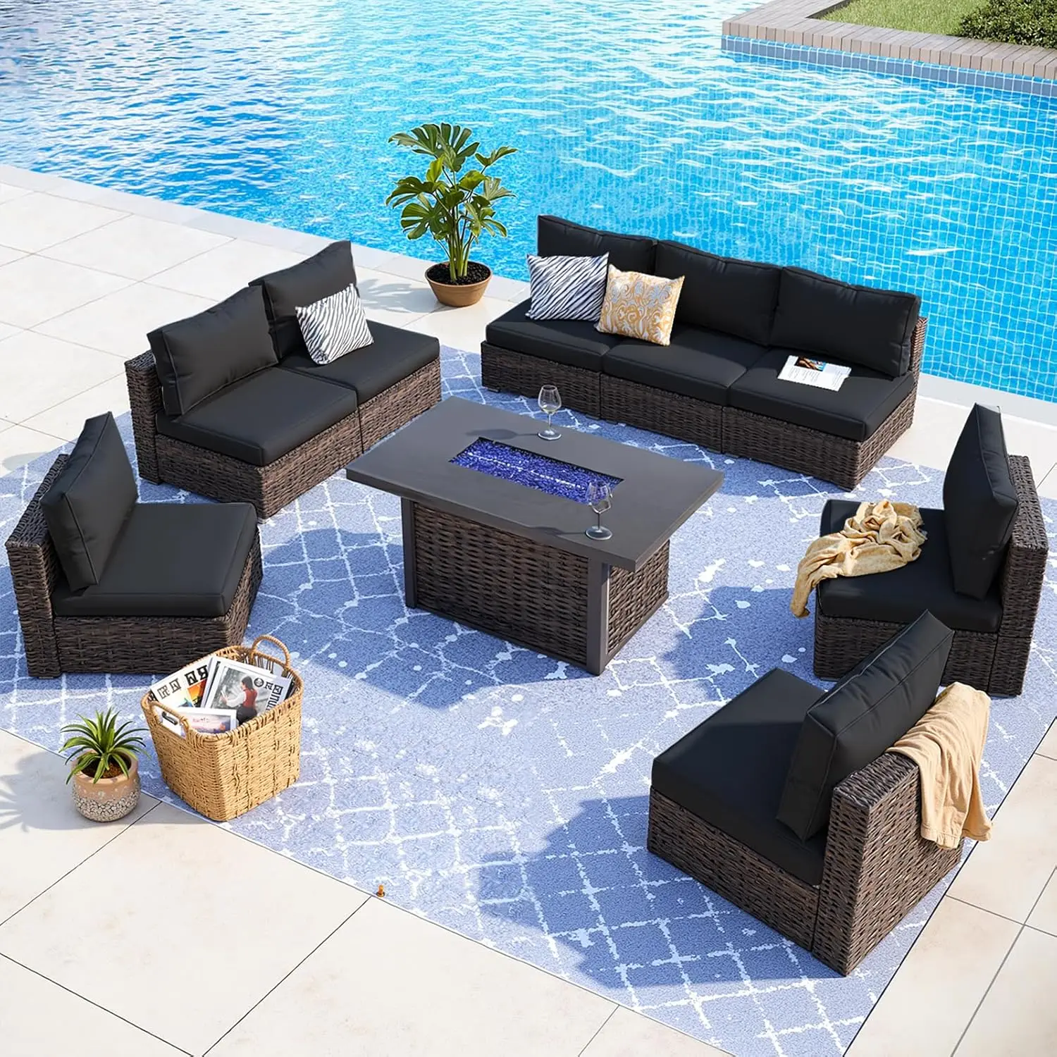 

Комплект садовой мебели из 9 предметов с 42-дюймовым столом-очагом, уличный секционный диван из искусственного ротанга, набор для бесед на открытом воздухе, на заказ