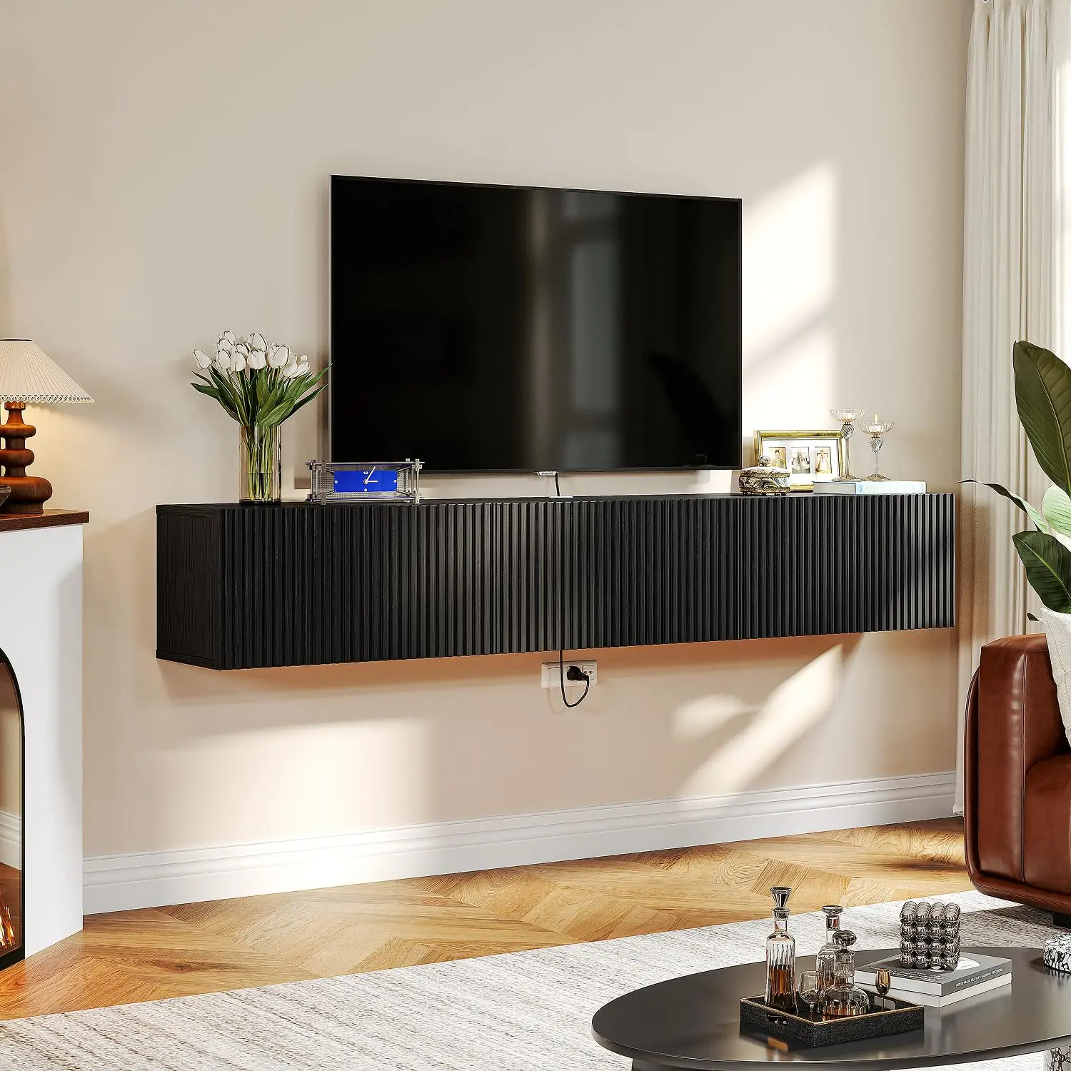 Slatted Floating TV Console Cabinet 3 Doors 70 Inch Black Wall Mounted Storage Media Unit Living Room Bedroom, Customized